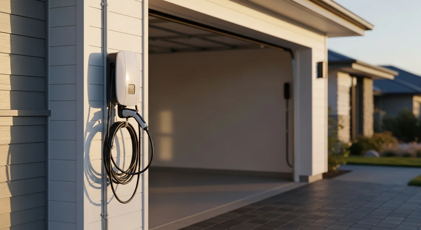 Electrician installing a white Level 2 EV charger on residential garage exterior wall