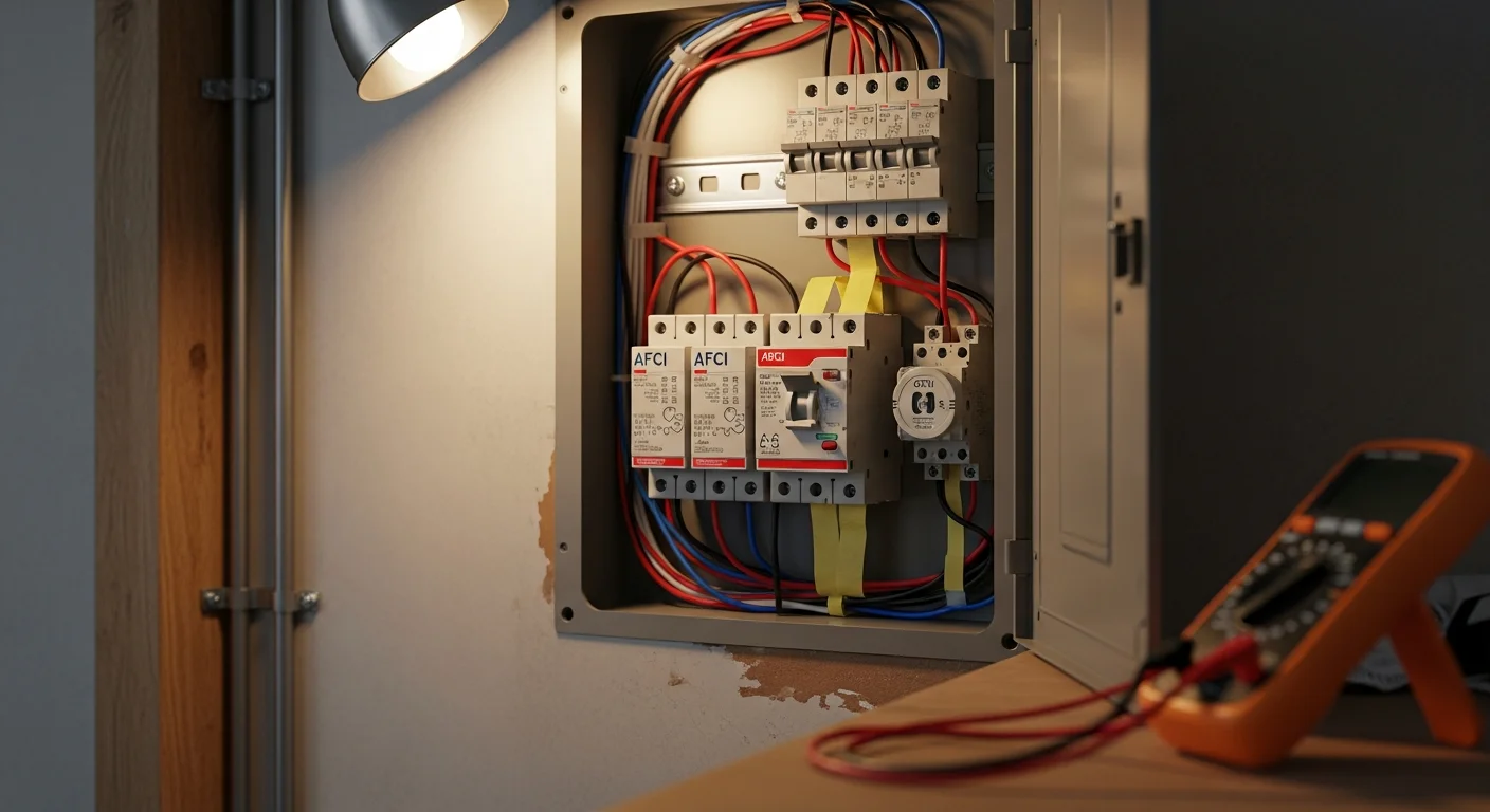 A licensed electrician installs an AFCI breaker inside a residential electrical panel in a Lakewood, Colorado home. Finished living room wiring is visible in the background, showing a typical mid-century single-family house upgrade.