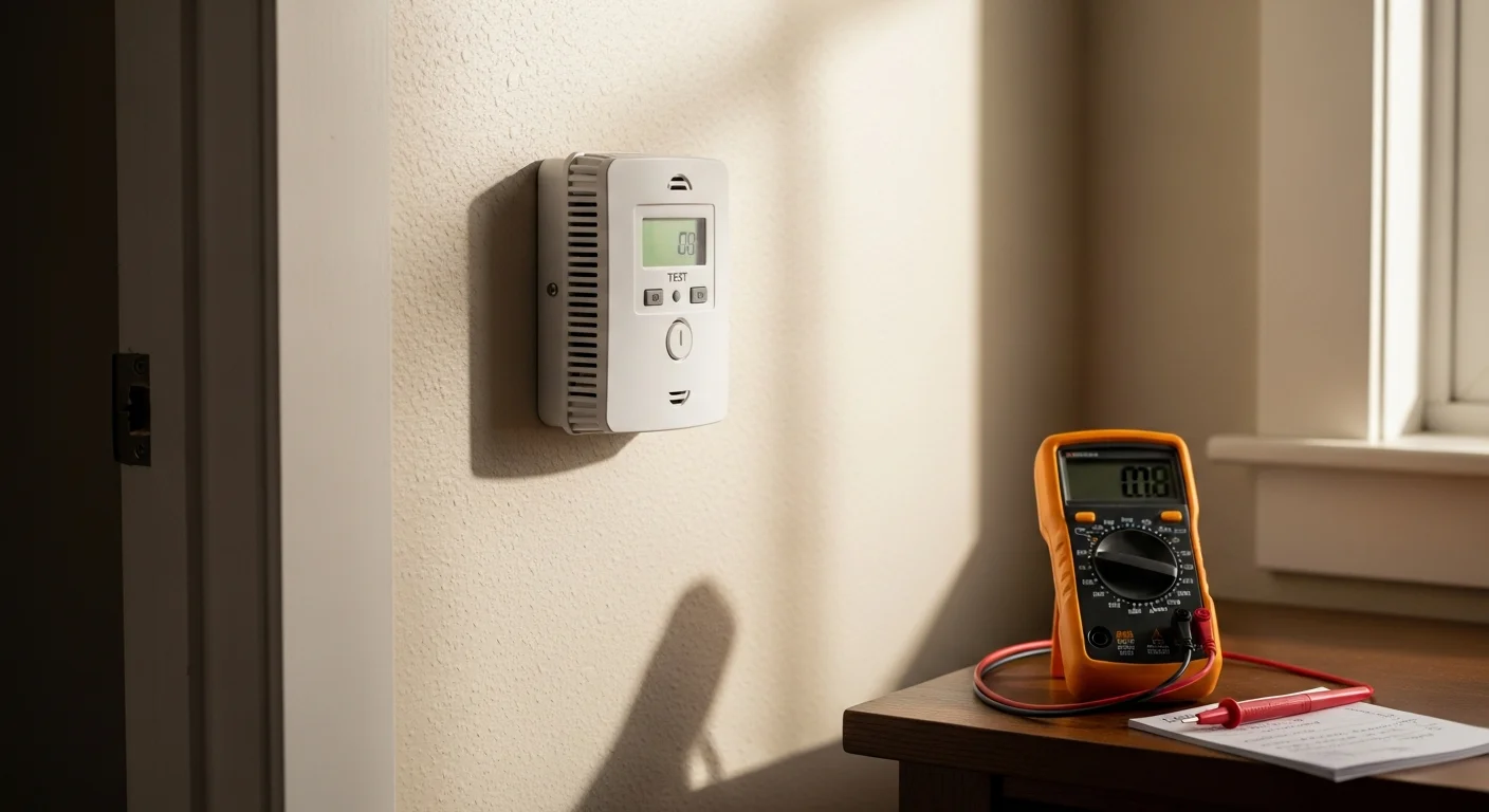 An electrician from Electrical Essentials installs a carbon monoxide detector on the wall outside a bedroom in a Lakewood, Colorado ranch-style home. The detector is mounted at the correct height near the sleeping area door.