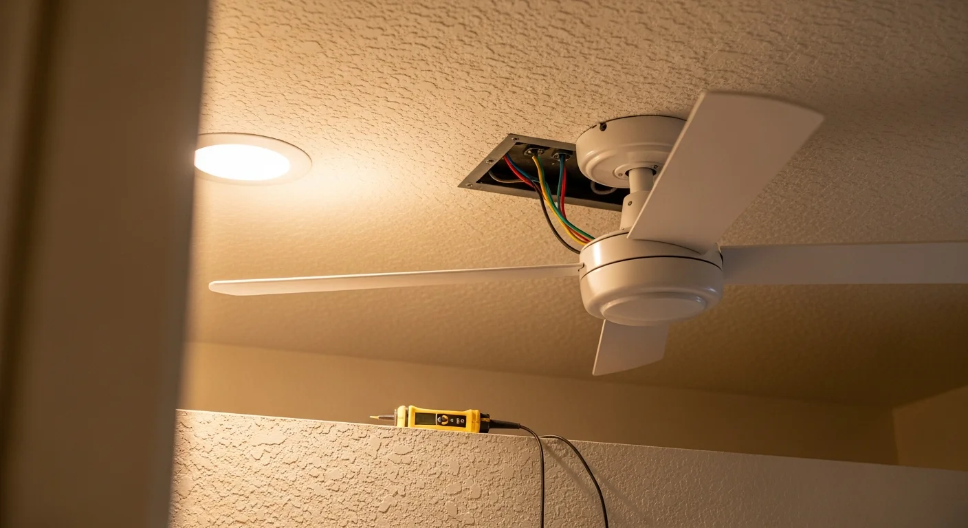 A licensed electrician from Electrical Essentials securing a ceiling fan mounting bracket to a fan-rated electrical box in a Lakewood home. The finished fan is centered over a living room with a vaulted ceiling typical of Lakewood residential construction.