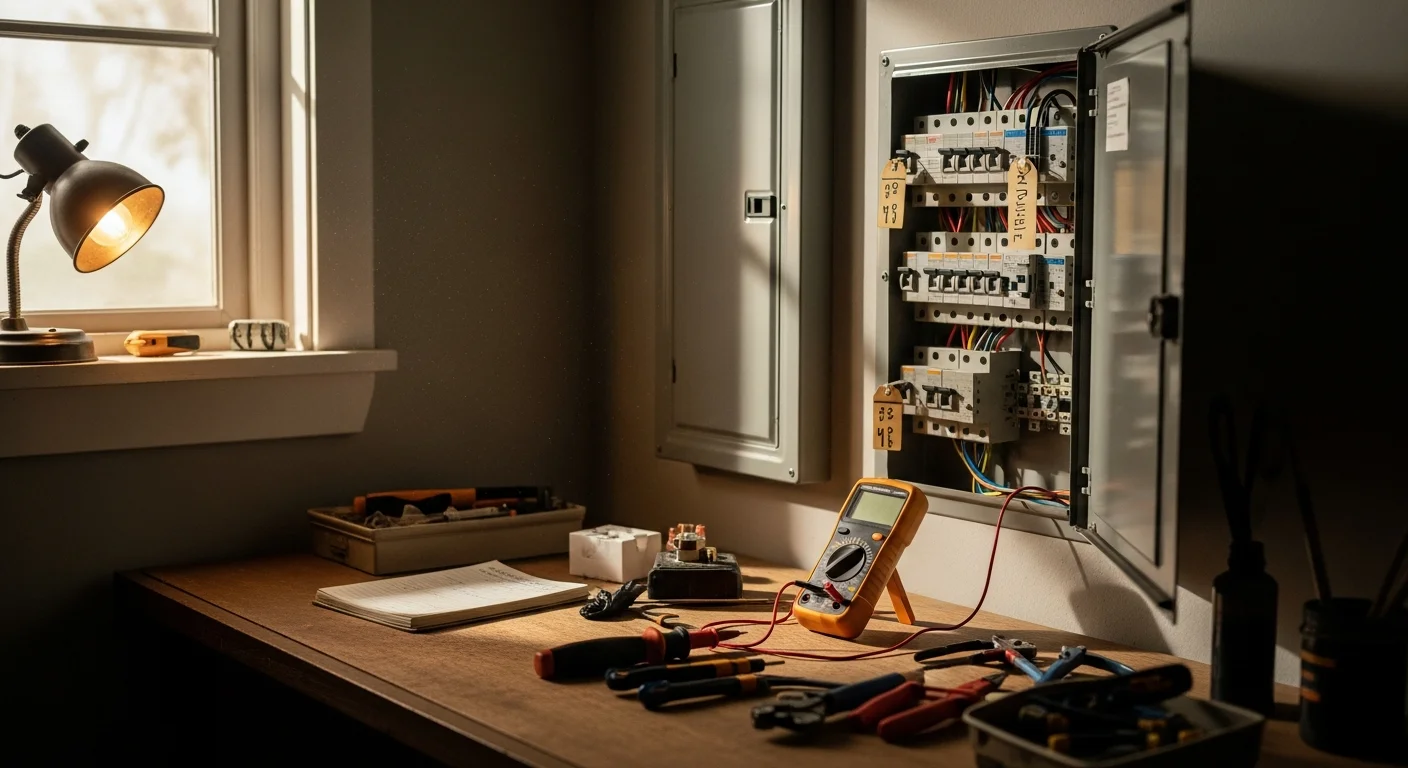 A licensed electrician inspecting an open residential circuit breaker panel inside an Adams County home, checking for signs of overheating and worn breaker components.