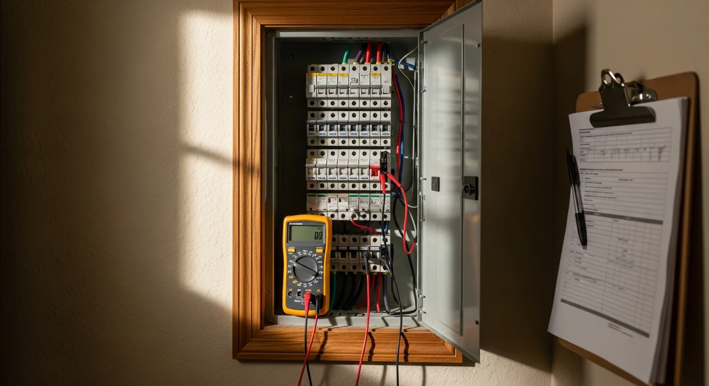 A licensed electrician correcting a residential electrical panel inside a Lakewood home, with updated breakers and properly labeled circuits visible. The work area shows code-compliant wiring organized neatly inside an open panel box.