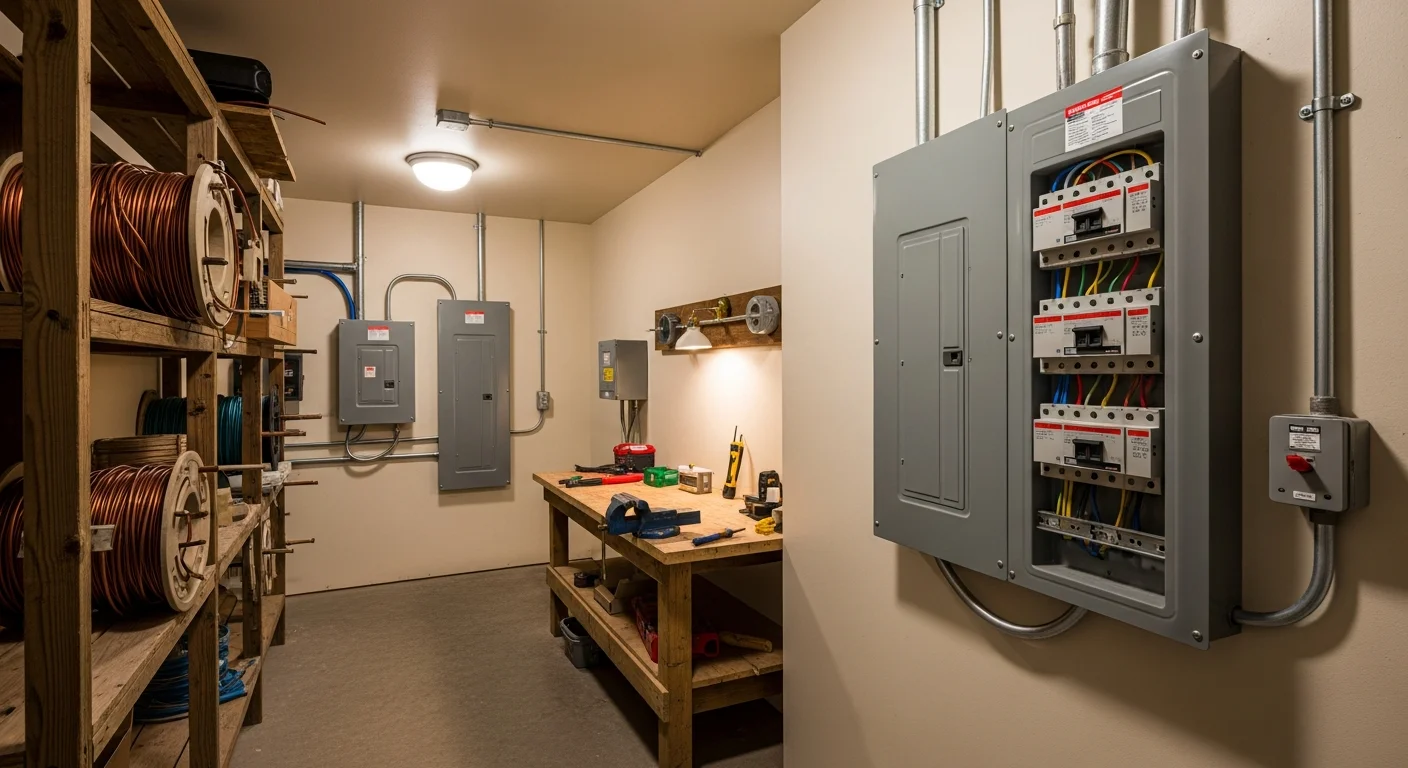 A licensed electrician from Electrical Essentials installs a new residential electrical panel in an Adams County, Colorado home.