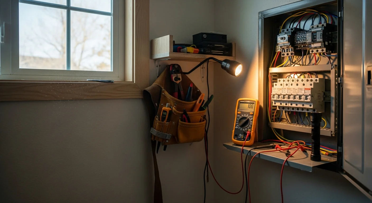 A licensed electrician inspecting an open residential electrical panel inside a Lakewood home, with a voltage tester in hand and visible circuit breakers. The setting shows a mid-century ranch-style home interior consistent with Lakewood's older housing stock.