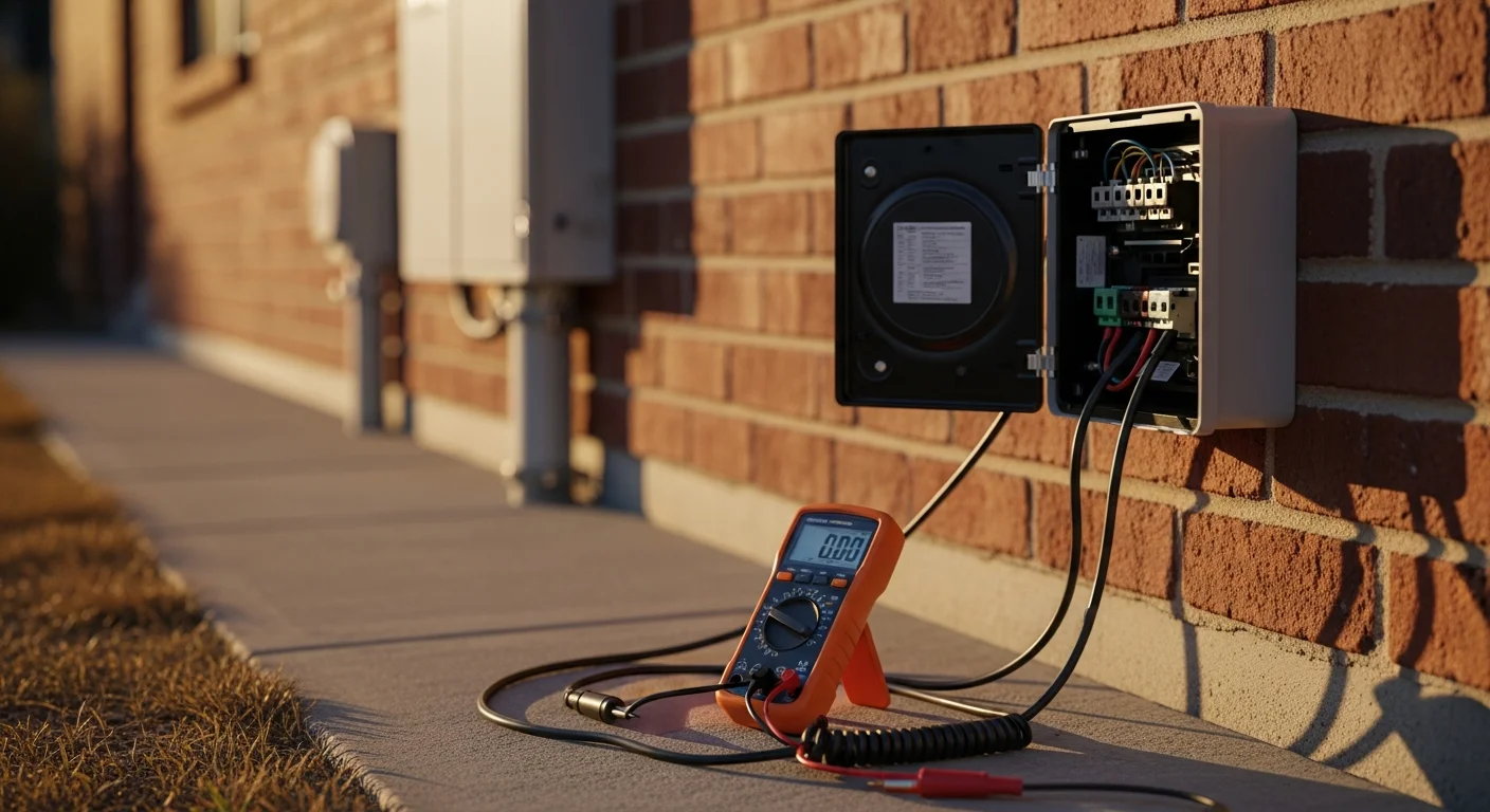 A licensed electrician from Electrical Essentials inspecting a Level 2 EV charger mounted in a Lakewood residential garage, checking the cable and wall unit connections. The charger is installed on a finished garage wall next to a dedicated circuit breaker panel.