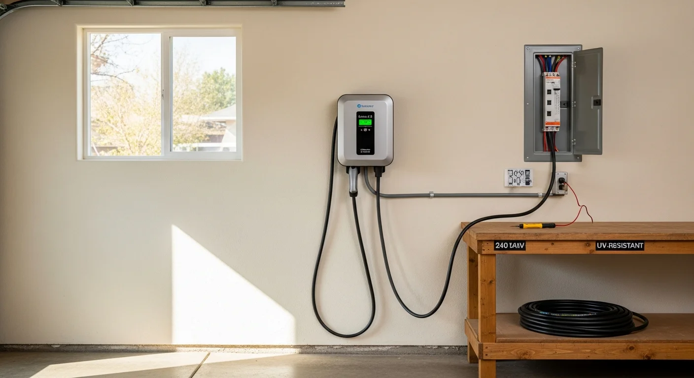 A licensed electrician from Electrical Essentials installs a dedicated 240V EV charging circuit in a Lakewood home garage, with conduit running from the main electrical panel to a wall-mounted Level 2 charger. The panel box is open showing a newly installed breaker sized for the EV circuit.