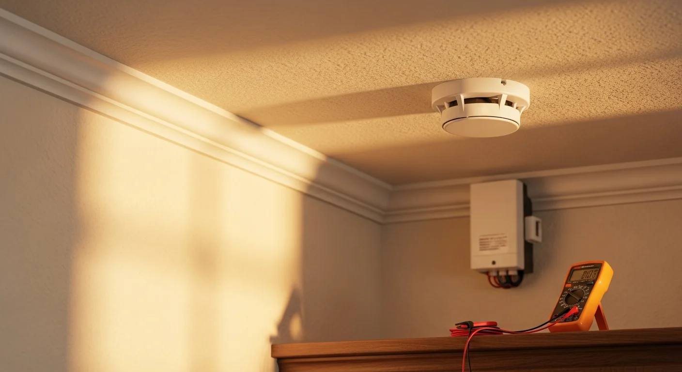 A licensed electrician from Electrical Essentials wiring a hardwired smoke and carbon monoxide detector into the ceiling of a single-family home in Lakewood, Colorado. The detector is mounted in a hallway outside a bedroom, with visible wiring connections and a white ceiling plate.