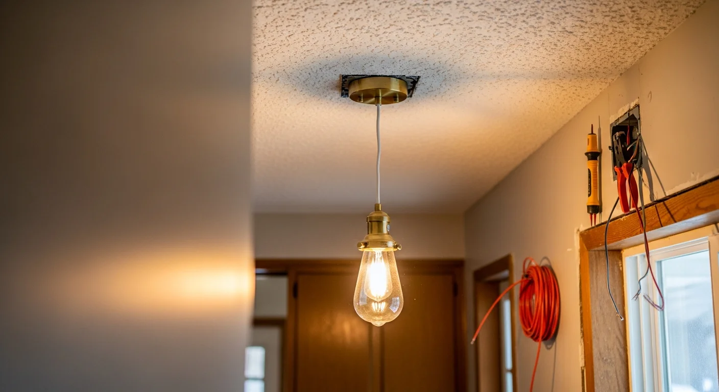 A licensed electrician installing a recessed light fixture in the ceiling of a Lakewood, Colorado home. The finished fixtures are evenly spaced across a kitchen ceiling in a mid-century ranch-style house.