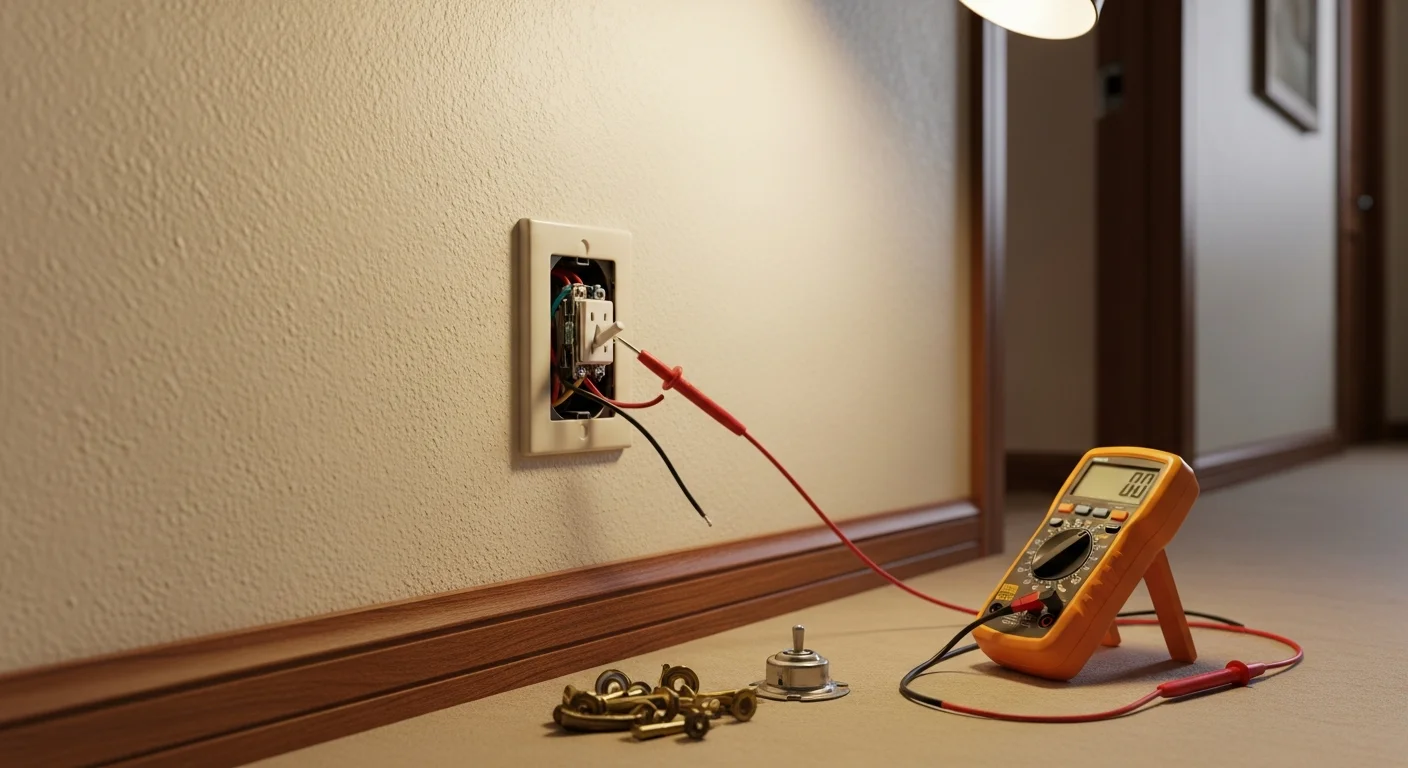 A licensed electrician from Electrical Essentials replacing a wall light switch in a Lakewood home, with the switch box open and wiring visible. The finished switch is mounted flush against a painted interior wall in a single-family residence.