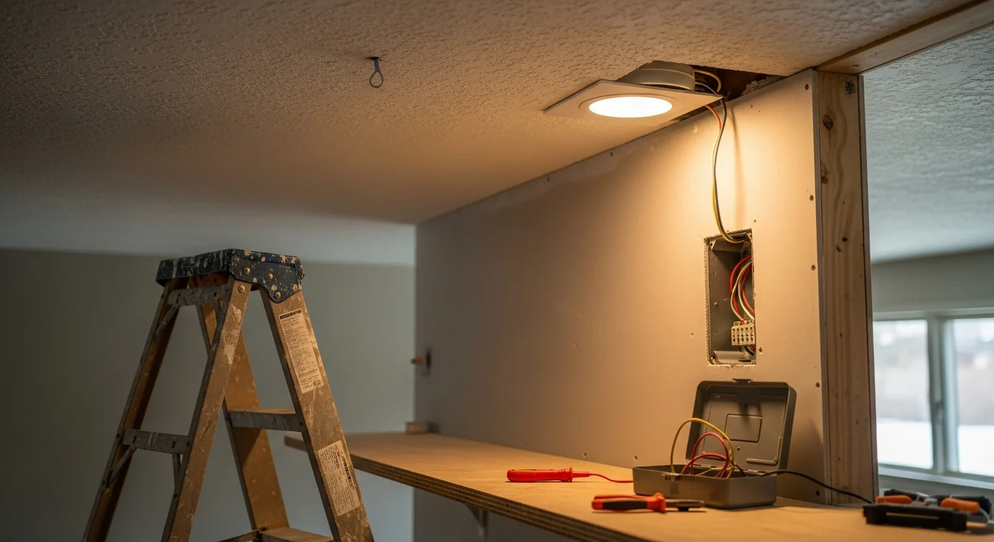 A licensed electrician from Electrical Essentials installing a recessed LED fixture in the kitchen of a single-family home in Lakewood, Colorado. The finished ceiling shows evenly spaced lights with clean trim rings against a white surface.