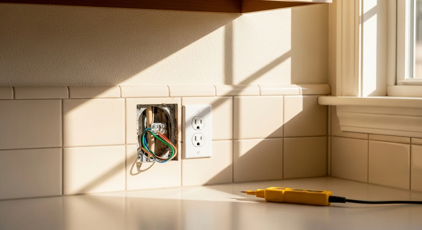 A licensed electrician installs a new GFCI outlet in the kitchen of a mid-century ranch-style home in Lakewood, Colorado. The finished outlet is flush-mounted in a clean wall plate with the test and reset buttons visible.