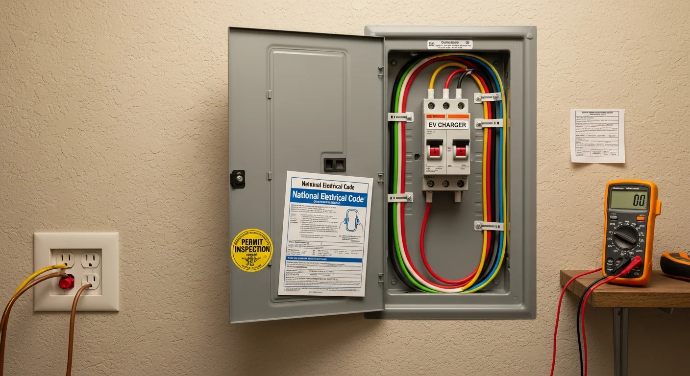 A Level 2 EV charger mounted on the interior garage wall of a single-family home in Lakewood, Colorado, with a dedicated conduit run leading to the electrical panel. The charger cable hangs neatly beside a parked electric vehicle in a finished residential garage.