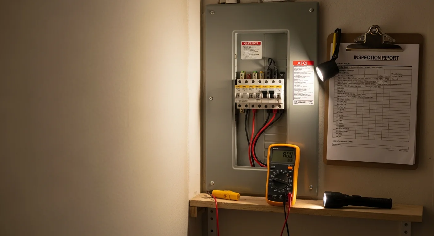 An Electrical Essentials technician testing a GFCI outlet and smoke detector inside a Lakewood home. The inspector holds a testing device near a wall outlet while a carbon monoxide detector is visible on the wall behind.