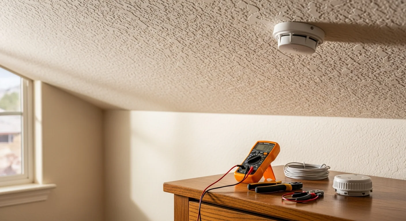 A licensed electrician from Electrical Essentials testing a hardwired smoke and carbon monoxide detector mounted on the ceiling of a Lakewood home. The technician holds a diagnostic tool near the unit while checking the wiring connection at the base.