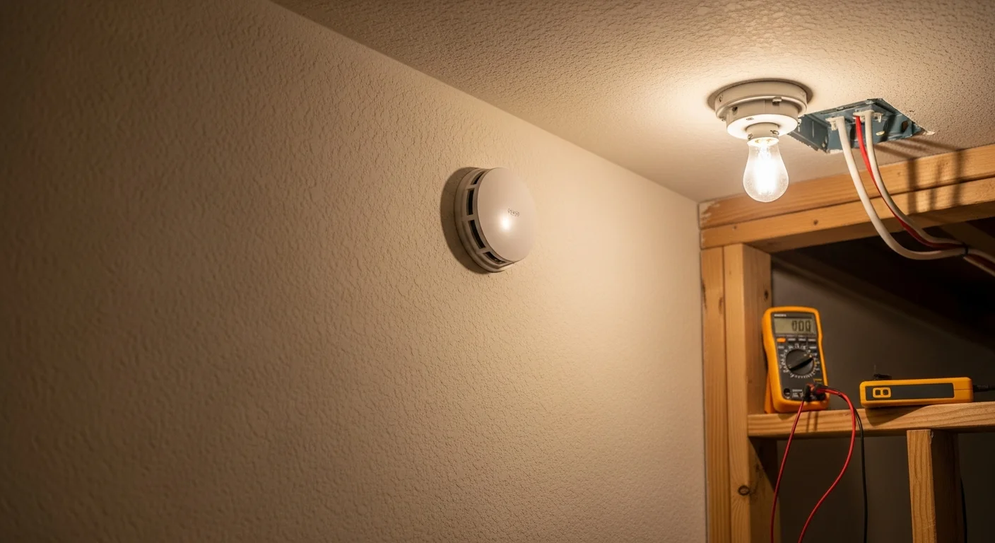A licensed electrician from Electrical Essentials mounting a hardwired smoke detector on the ceiling of a Lakewood home with a split-level floor plan. The image shows the detector positioned in a hallway outside a bedroom, with visible wiring connections being secured.